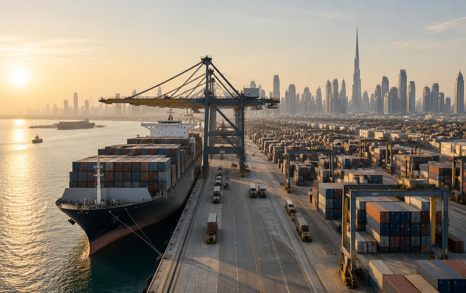 Commercial port and cargo vessel within Dubai's international trade network