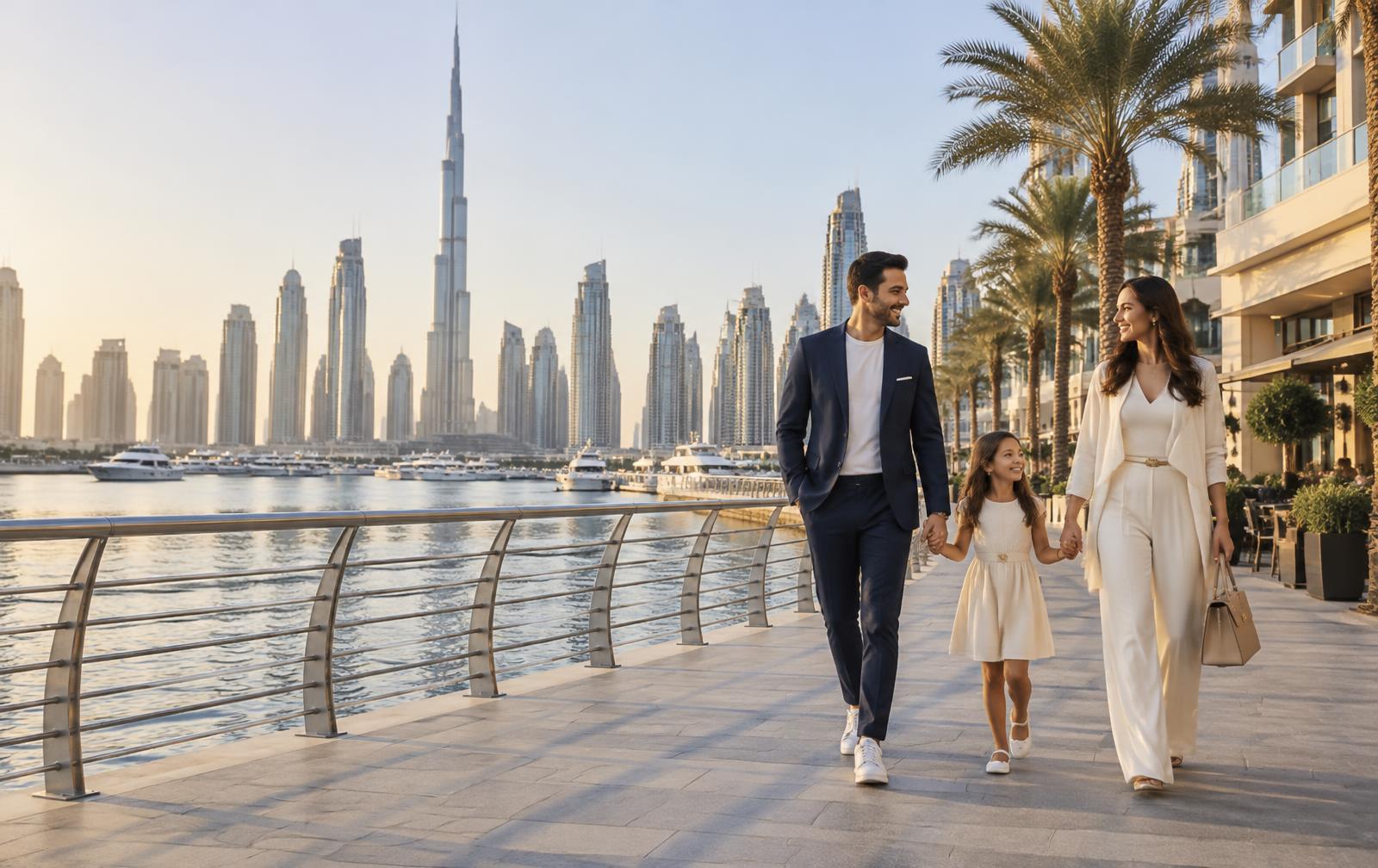 Illustrative family lifestyle scene on a Dubai waterfront